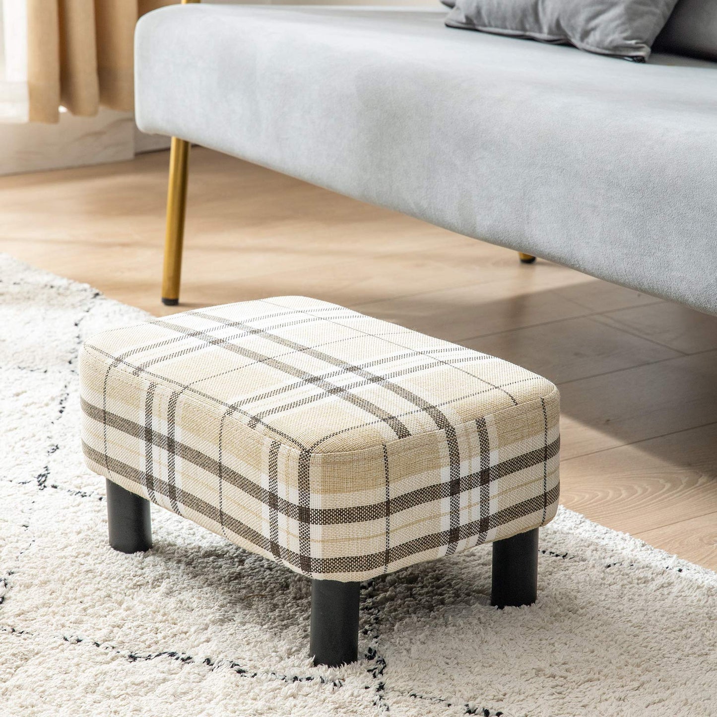 IBUYKE 42CM Small Footstool, Linen Fabric Pouf, with Padded Seat Pine Wood Legs Rectangular Stool, Small Under Desk Footrest, Pet Steps Dog Stairs for High Beds and sofa, Stripes RF-BD215 Stripe cloth