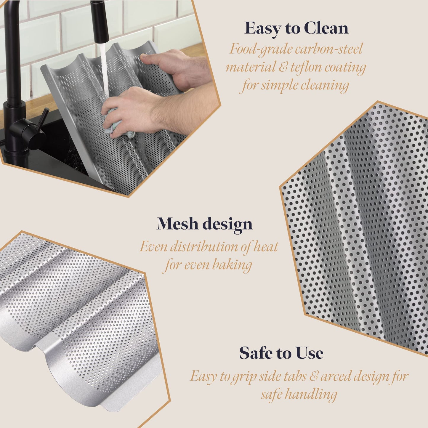 GOURMEO Non-Stick Baguette Baking Tray - 38,5cm x 28.5cm - French Bread Baking Trays for 3 Baguettes - Easy to Use & Clean - Silver 1 Tray for 3 Baguette