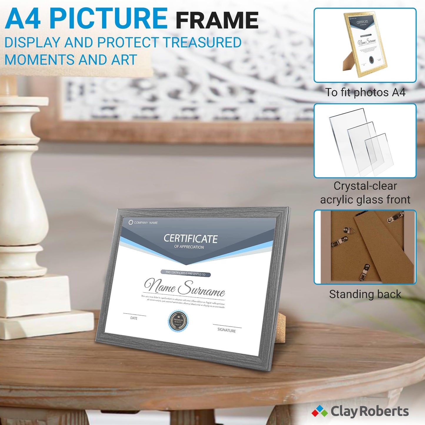 Clay Roberts A4 Frame, Photo Frame, Black A4, Pack of 6, Picture Frame, Certificate Frame, Art Print Poster Frame, Freestanding and Wall Mountable, 21cm x 29.7cm Picture Frame Set Black 6 Pack