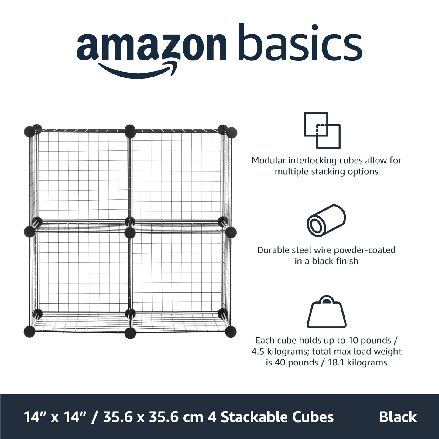 Amazon Basics 4 Cube Wire Storage Shelves, Black, 37 cm D x 77 cm W x 77 cm H Four Cube