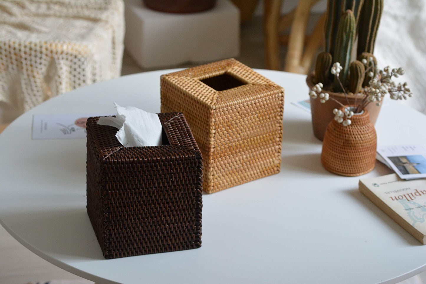 Square Rattan Tissue Box Cover, Hand Woven Wicker Tissue Holder, 14.5 x 14.5 x 14.5 cm, Natural