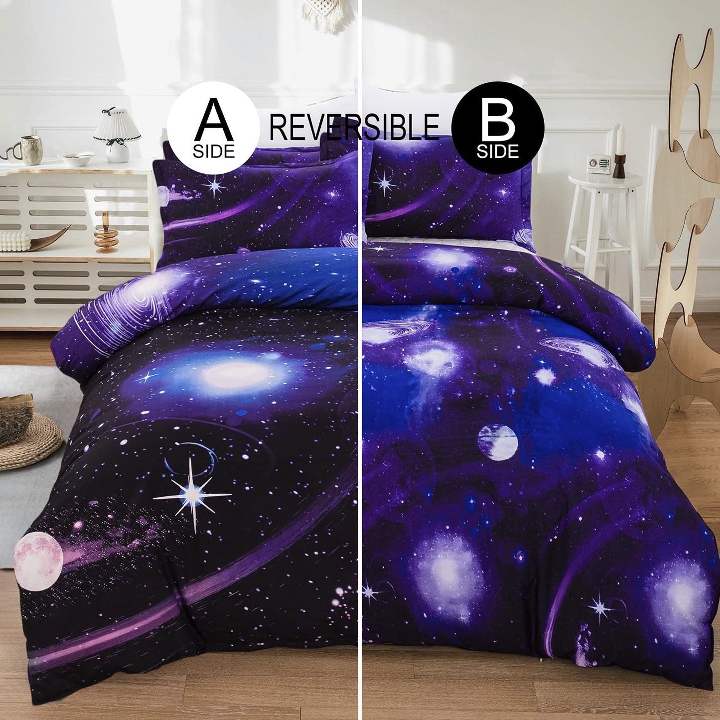 Galaxy Duvet Cover Single Reversible Universe Moon Printed Bedding Set Soft Microfiber Quilt Cover with Zipper Closure for Bedding Decro (2Pcs,135x200cm) Single Size Purple