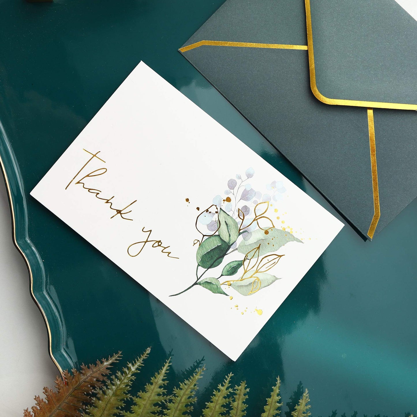 Heavy Duty Greenery Thank You Cards with Envelopes - 36 PK - Thank You Notes with Gold Foil Letterpress 4 x 6 Inches Blank Note Cards for Wedding Bridal Shower Baby Shower Card Business Green