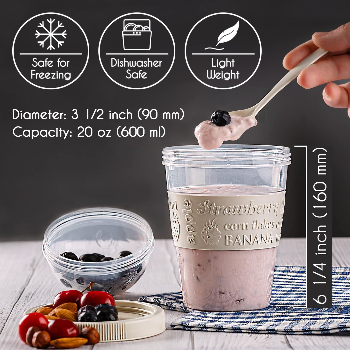 Crystalia Reusable Yogurt Pots With Lids, 2PCs 600ml100% BPA Free Overnight Oats Container, Yoghurt Container, Dishwasher Safe, Cereal On The Go Container, Breakfast Pots To Go, Muesli To Go Cup Set of 2 (Red&Cream)