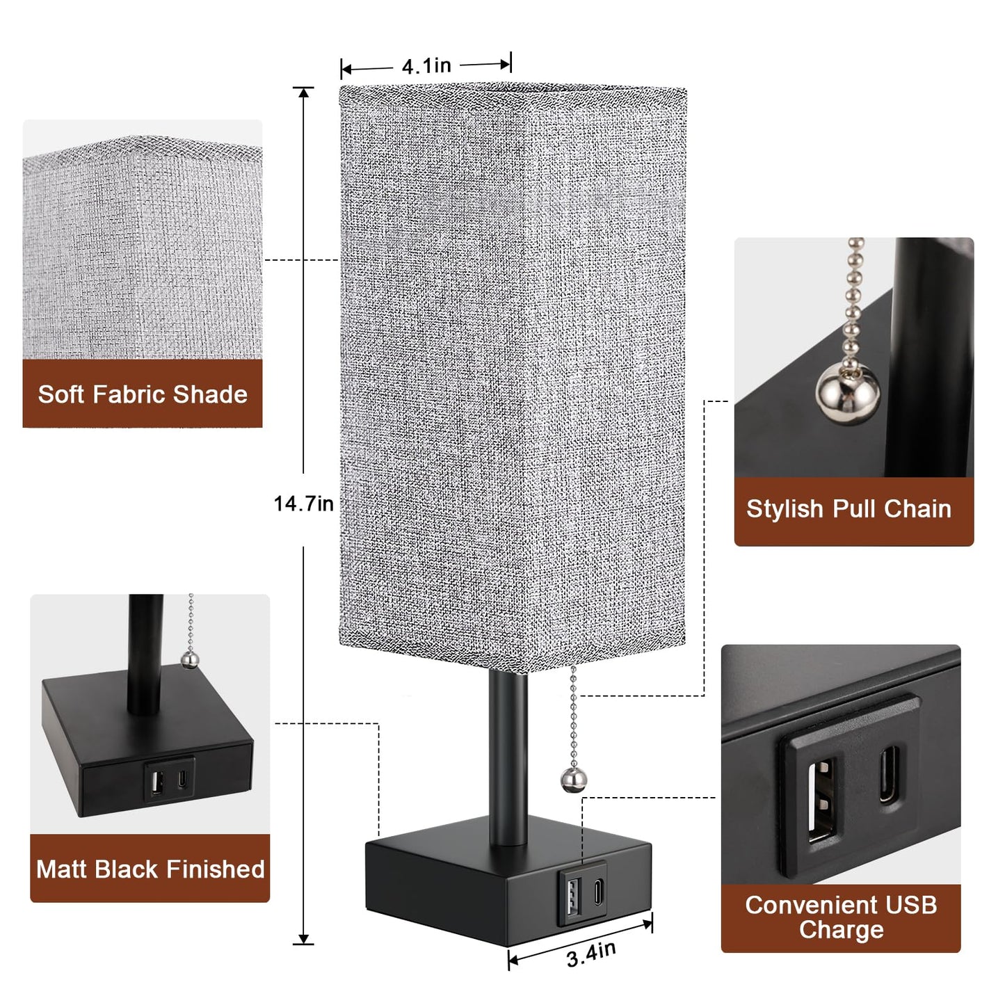 Aooshine Bedside Table Lamp, Bedside Lamp with USB A+C Ports, Lamp for Bedroom with Pull Chain, Bedroom Lamp with Grey Square Fabric Shade for Bedroom Living Room (Bulb Not Include) E-grey-no Bulb