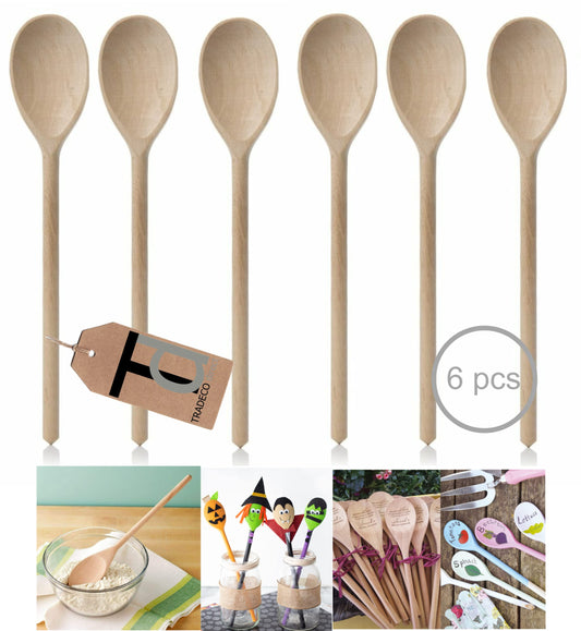 Set of 6 x 12" (300mm) Beechwood Wooden Spoon, Ideal for Baking, Decorating, Engraving Made in the EU. Tradeco direct®