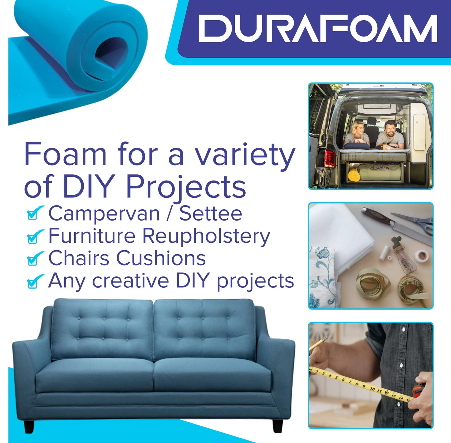 DURAFOAM High Density Blue Firm Foam Sheet For Upholstery, Cushions, Sofa, Beds, Seats, Campervans, Indoor/Outdoor Padding, DIY - DF190B - 80 x 20 x 0.5 inch (200 x 50 x 1.3cm) 80 x 20" (200 x 50cm) 0.5" (~1.3 cm) Thick