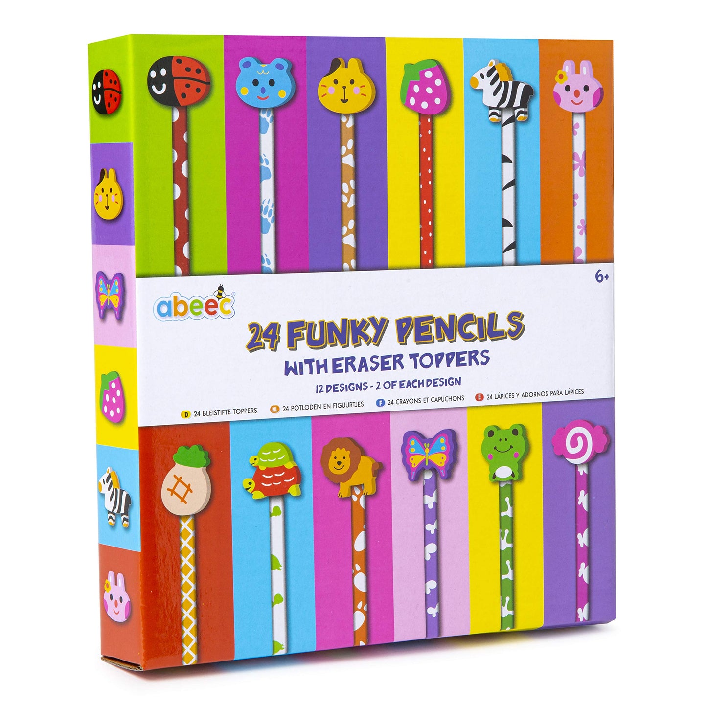 abeec 24 Funky Pencils With Rubbers - Funky Pencils For Kids, Party Bag Fillers, Stocking Fillers Kids, Class Gifts And Kids Party Favours. Funky Stationery, Pencil Eraser Set For Children