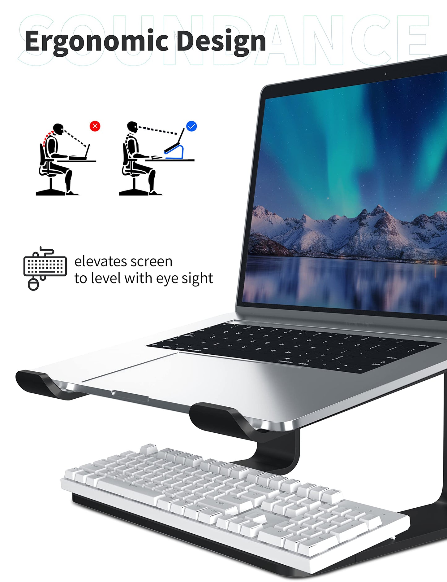 SOUNDANCE Aluminum Laptop Stand for Desk Compatible with Mac MacBook Pro Air Apple Notebook, Portable Holder Ergonomic Elevator Metal Riser for 10 to 15.6 inch PC Desktop Computer, LS1 Black