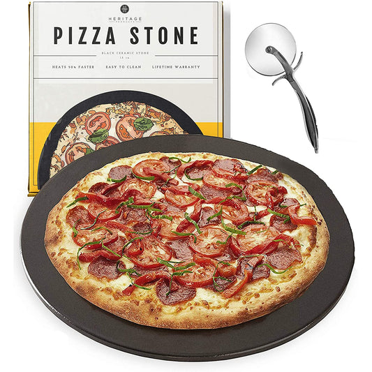 Heritage Pizza Stone, 15 inch Ceramic Baking Stones for Oven Use - Non-Stick, No Stain Pan & Cutter Set for Gas, BBQ & Grill - Kitchen Accessories & Housewarming Gifts w/Bonus Pizza Wheel - Black Round