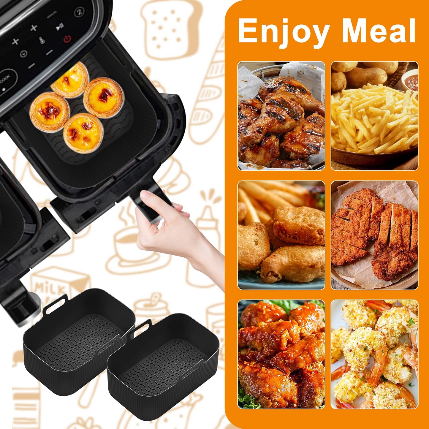 koitoy 2PCS Silicone Pot Air Fryer Liners for Ninjas Dual Air Fryer,Reusable Double Silicone Air Fryer Liner, Air Fryer Accessories Air Fryer Basket for Air Fryer, Oven, and Microwave (Black) Black