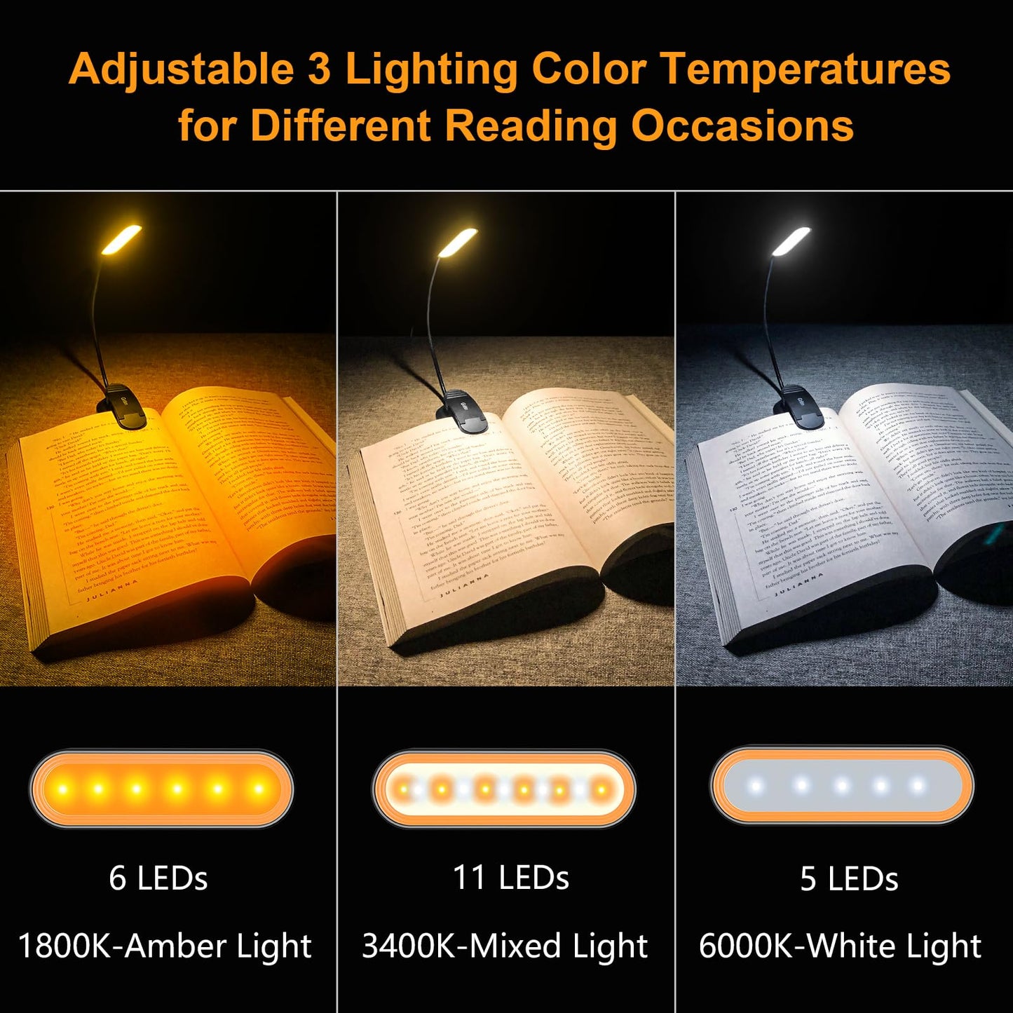 Gritin Book Light Rechargeable, 11 LED Reading Light Clip on Book, 3 Eye-Protecting Modes&Touch Control Stepless Dimming, Long Battery Life, 360° Adjustable Book Lamp for Reading at Night for Readers Black