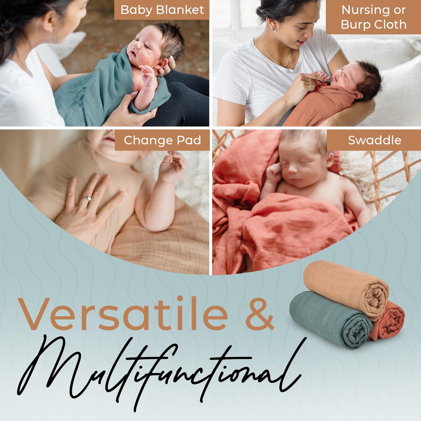 Fern & Avery Muslin Swaddle Blankets - Comfy Receiving Preemie Swaddle Blanket for Boys & Girls - Lightweight Breathable Bamboo Viscose & Cotton - Gender Neutral Receiving Blankets - Forest 3-Pack Rust