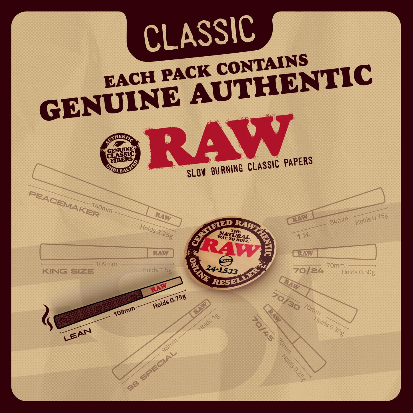 RAW Cones Classic Lean Size | 50 Pack | Natural Pre Rolled Rolling Paper with Tips & Packing Sticks Included