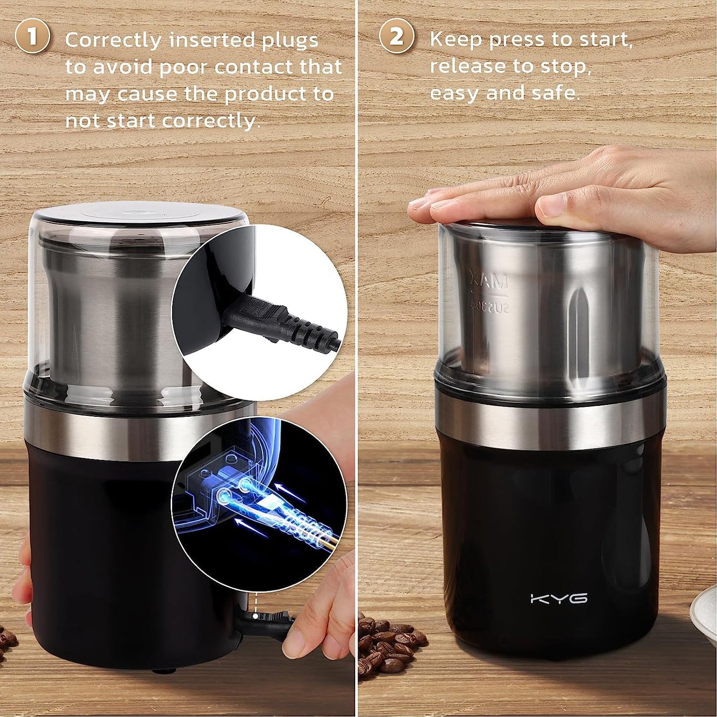 KYG Coffee Grinder Electric Grinder for Seeds, Nut, Pepper, Flax Seed Grinder with Removable Bowl Spice Grinder 300W with 1 Washable Stainless Steel Cup 2 Blade for Dry