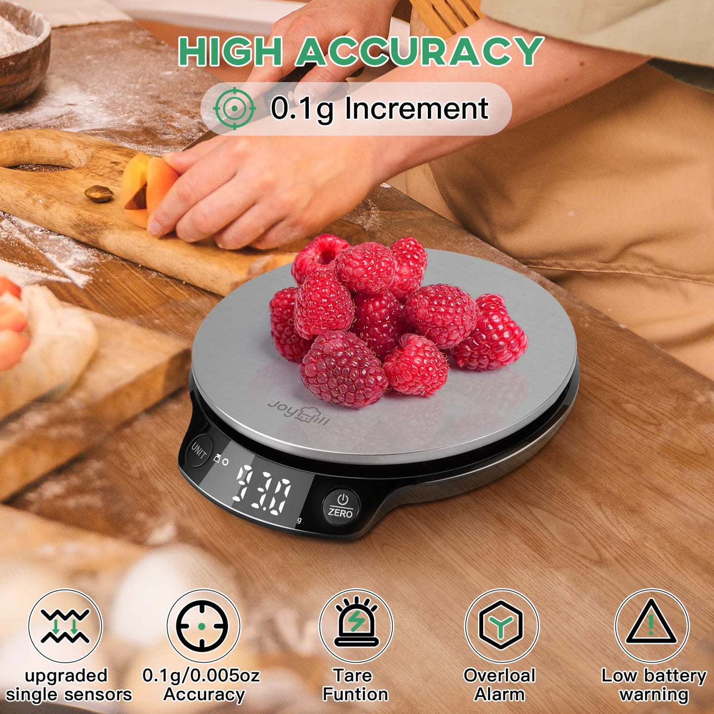 JOYHILL Food Scale, 5kg/0.1g Digital Kitchen Scale for Food Ounces and Grams Baking & Cooking, Premium Stainless Steel Food Weight Scale with LED Display, Ultra Accurate, Batteries Included Silver