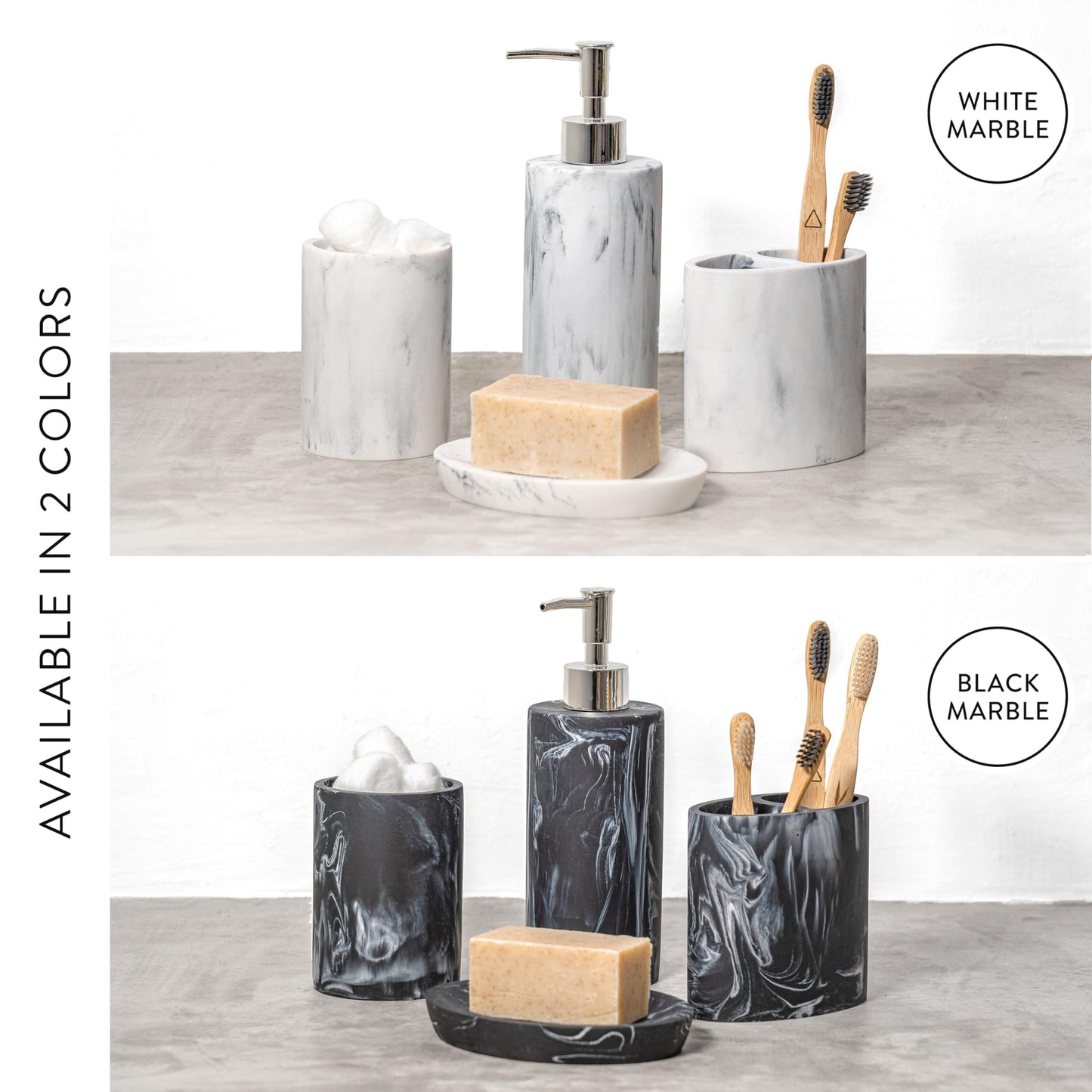 ZCCZ Bathroom Accessory Set 4 Pcs, Bathroom Décor Accessories with Soap Dispenser, Toothbrush Holder, Bathroom Tumbler, Soap Dish, Marble Look Bathroom Vanity Countertop Accessory Set White