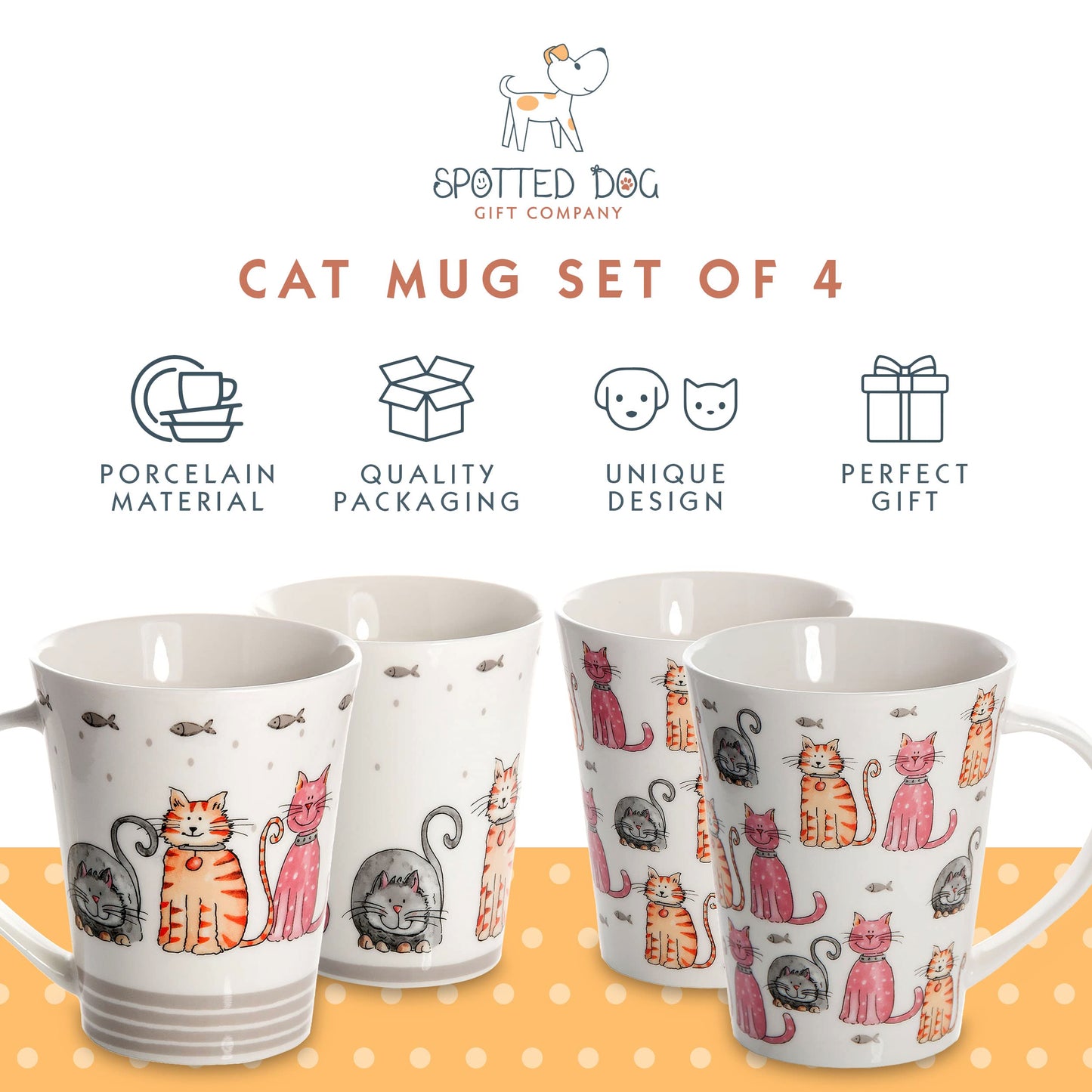 SPOTTED DOG GIFT COMPANY Cat Mugs, Coffee Mug Set of 4, Cute Happy Cats Themed Ceramic Porcelain China Tea Coffee Cups, Gifts for Cat Lovers and Animal Lovers Women Men Kids, 360ml / 12.2oz