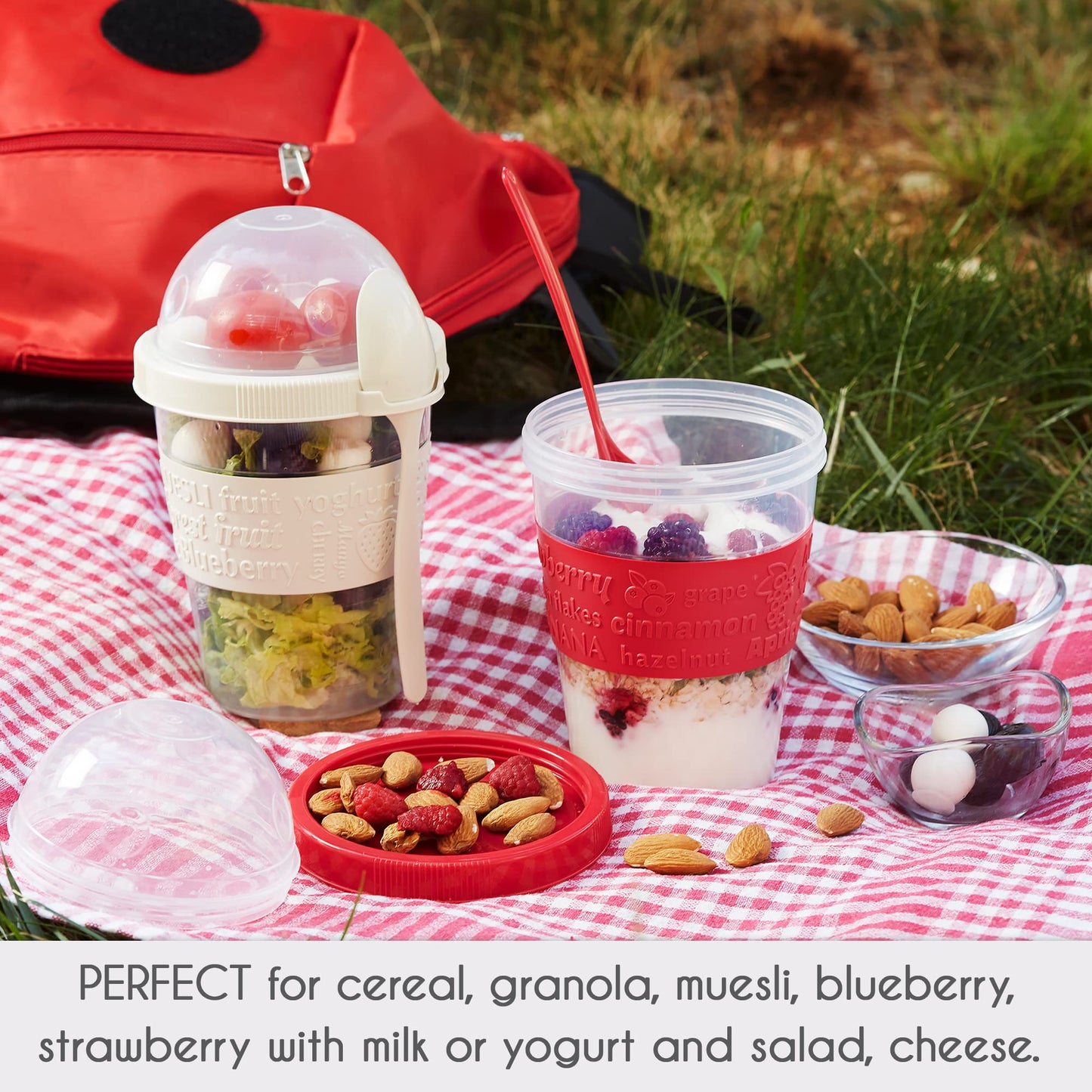 Crystalia Reusable Yogurt Pots With Lids, 2PCs 600ml100% BPA Free Overnight Oats Container, Yoghurt Container, Dishwasher Safe, Cereal On The Go Container, Breakfast Pots To Go, Muesli To Go Cup Set of 2 (Red&Cream)