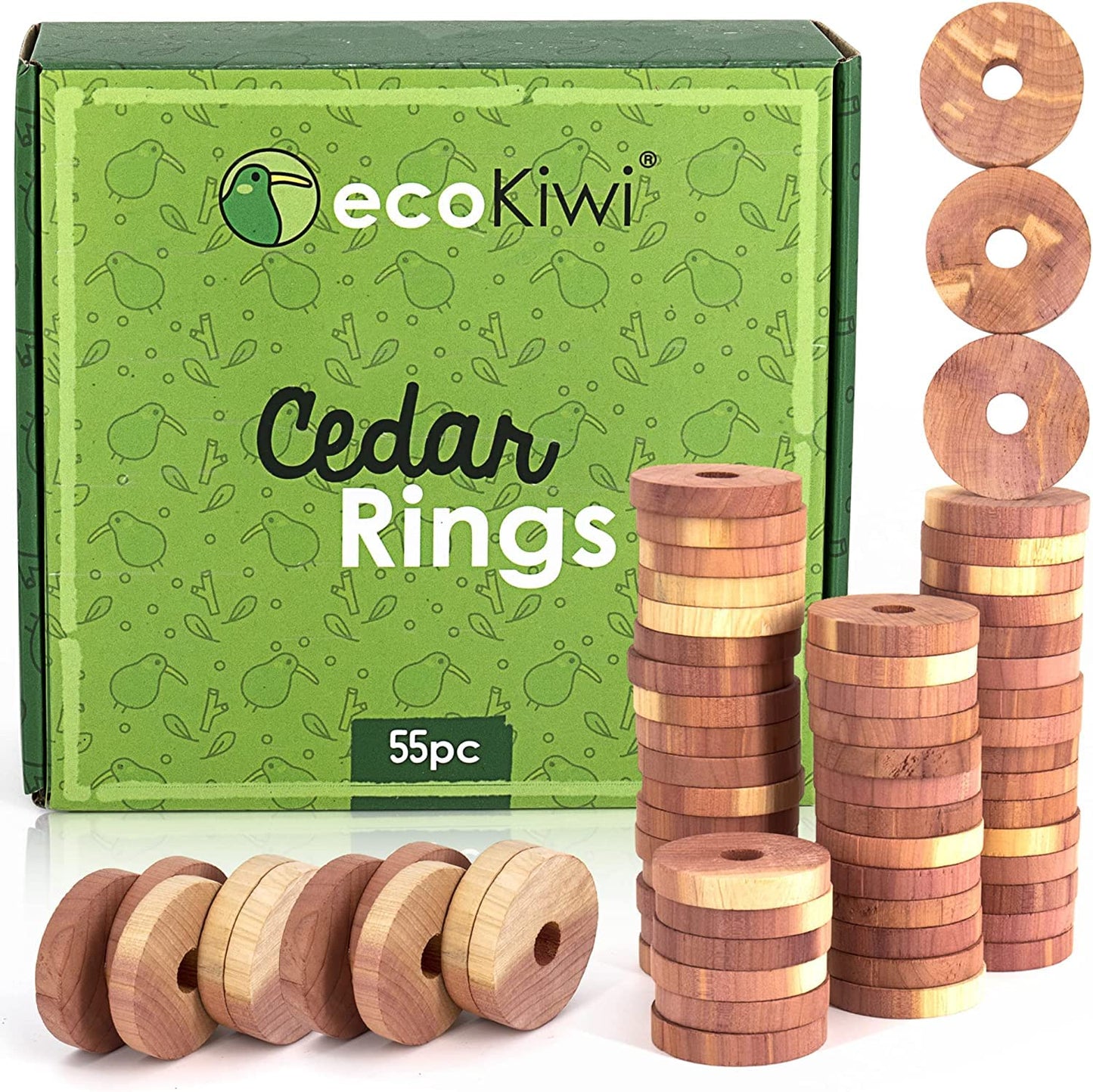 ecoKiwi Moth Repellent for Wardrobes Cedar Wood Rings - 55 Pack - Natural Oil & Sustainable Cedar Balls - Anti Moth Products Wardrobe - Cedarwood Moth Repellent for Clothes - Moth Balls with Sandpaper