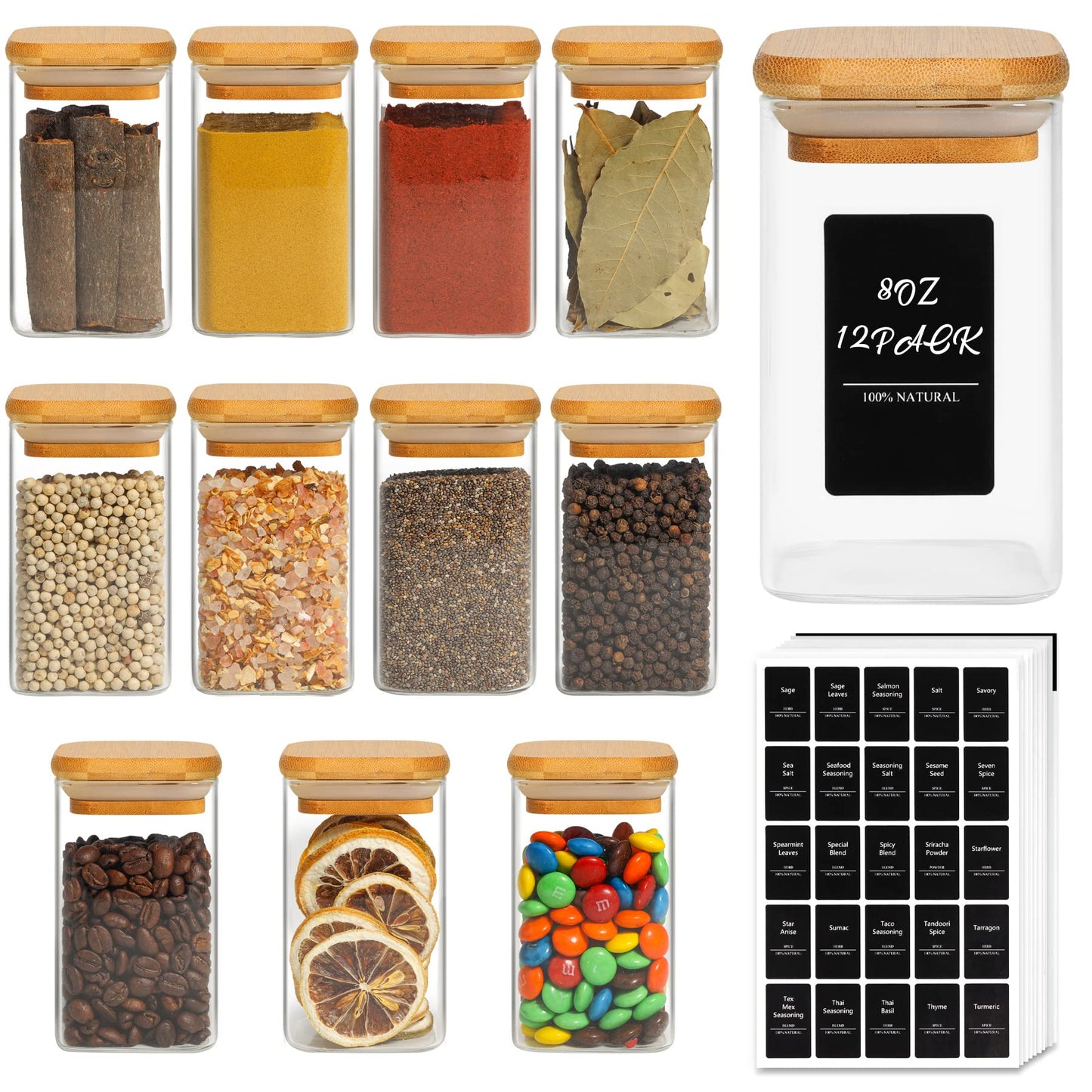 ComSaf 12 Pcs Glass Spice Jars with Bamboo Lids, 8oz/250ml Square Glass Storage Jars with 275 Black Lables, Airtight Spice Jars with Lids, Glass Container for Spice, Salt, Sugar, Seeds, Nuts etc 8oz/250ml/12Pcs