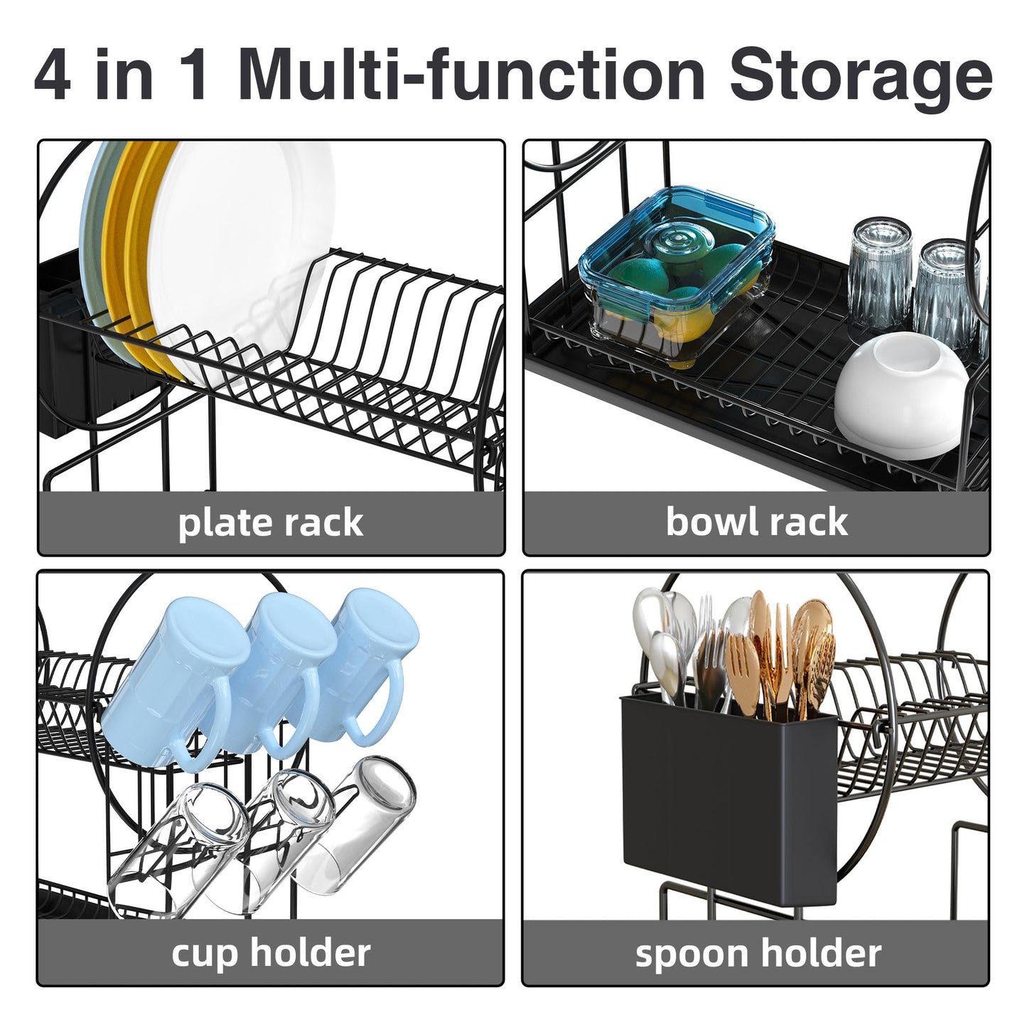 2 Tier Black Dish Drainer Rack with Drip Tray, Stainless Steel Draining Dish drainer with Draining Board and Utensils Holder, Dish Drying Rack for Small Kitchen Countertop