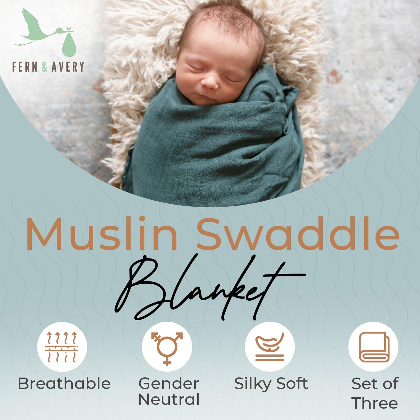 Fern & Avery Muslin Swaddle Blankets - Comfy Receiving Preemie Swaddle Blanket for Boys & Girls - Lightweight Breathable Bamboo Viscose & Cotton - Gender Neutral Receiving Blankets - Forest 3-Pack Rust