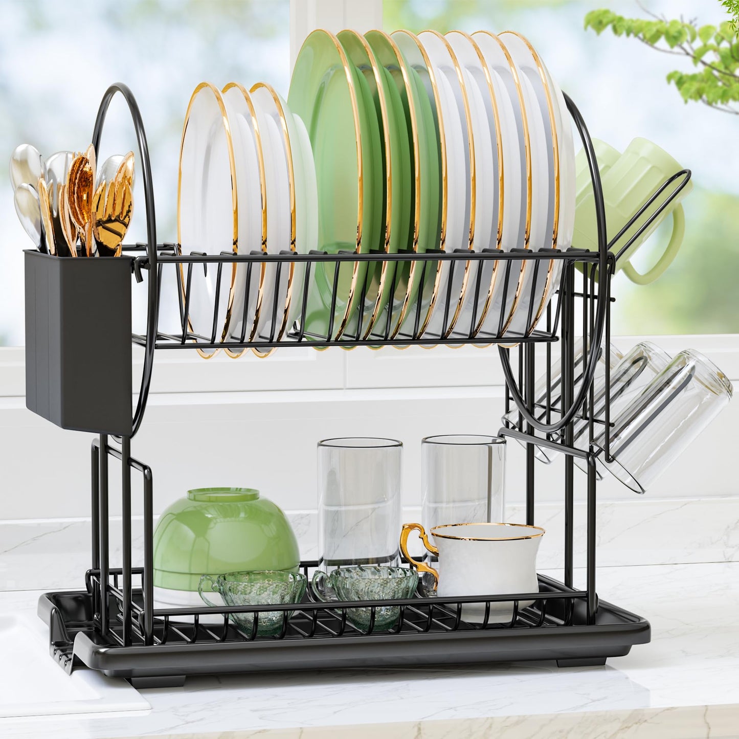 2 Tier Black Dish Drainer Rack with Drip Tray, Stainless Steel Draining Dish drainer with Draining Board and Utensils Holder, Dish Drying Rack for Small Kitchen Countertop