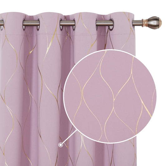 Deconovo Blackout Curtains, Ring Top Curtains, Home Decoration Eyelet Thermal Insulated Curtains, Gold Wave Foil Printed for Girls Bedroom, 52 x 90 Inch (Width x Length), Baby Pink, One Pair W52 x L90