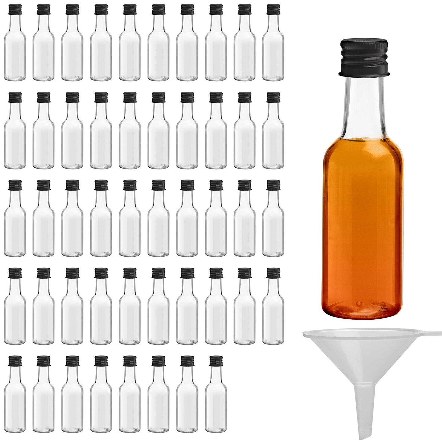 Belle Vous Mini Liquor Bottles (48 Pack) - Reusable Plastic 50ml Empty Spirit Bottles with Black Screw Caps and Liquid Funnel for Easy Pouring, Bottle Filling - Miniature Bottles for Weddings, Parties