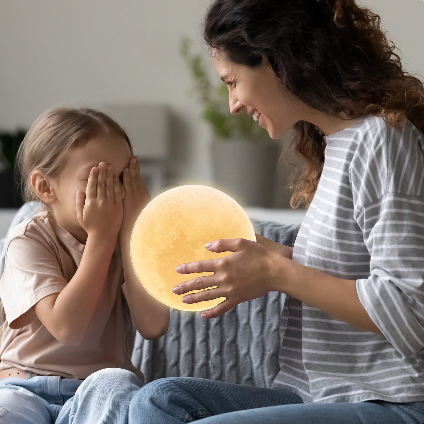 Methun 3D Moon Lamp with 5.9 Inch Wooden Base - Mother's Day LED Night Light, Mood Lighting with Touch Control Brightness for Home Décor, Bedroom, Gifts for Women Kids Birthday - White & Yellow 5.9 inches