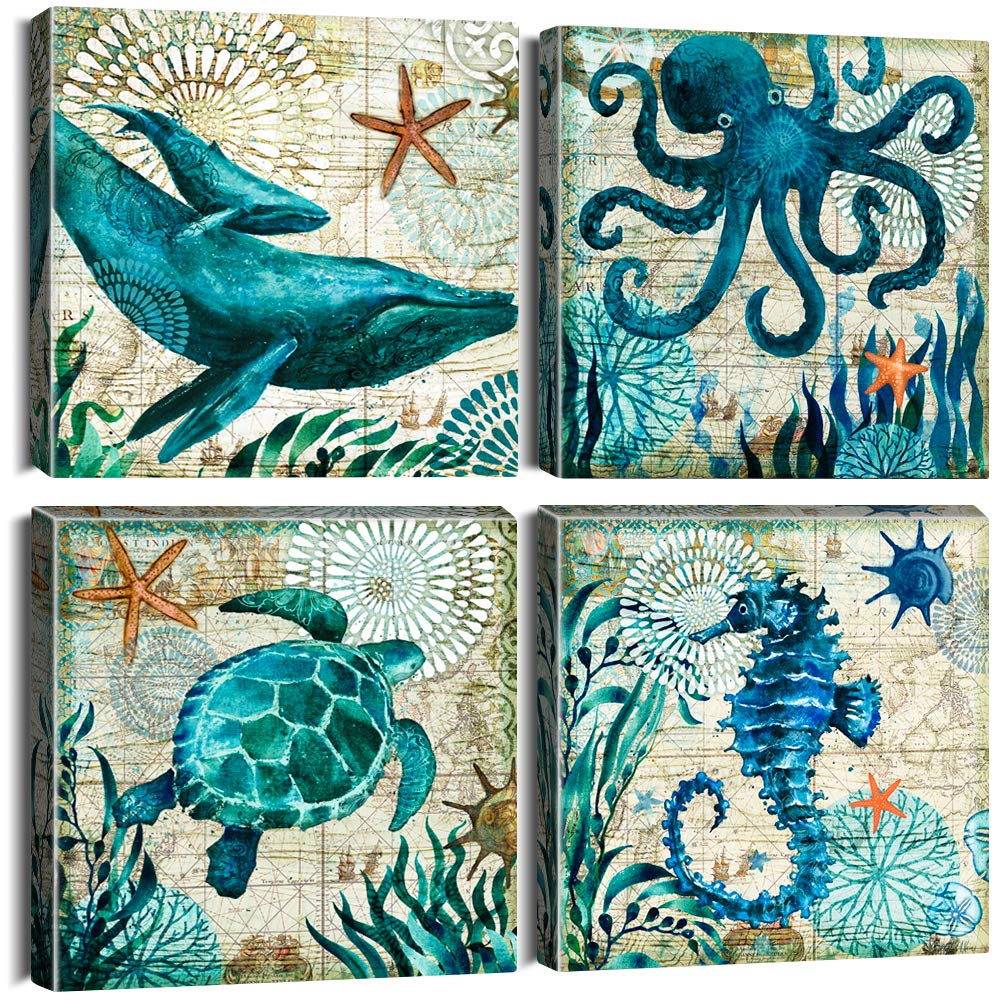 Artscope 4 Pieces Wall Art Canvas Prints - Blue Ocean Creature Whale Octopus Sea Turtle Seahorse Picture Painting- Modern Wall Artwork Framed for Bathroom Home Office Decor - 30 x 30 CM