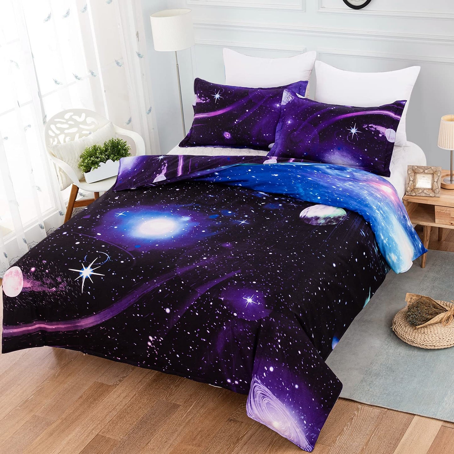 Galaxy Duvet Cover Single Reversible Universe Moon Printed Bedding Set Soft Microfiber Quilt Cover with Zipper Closure for Bedding Decro (2Pcs,135x200cm) Single Size Purple