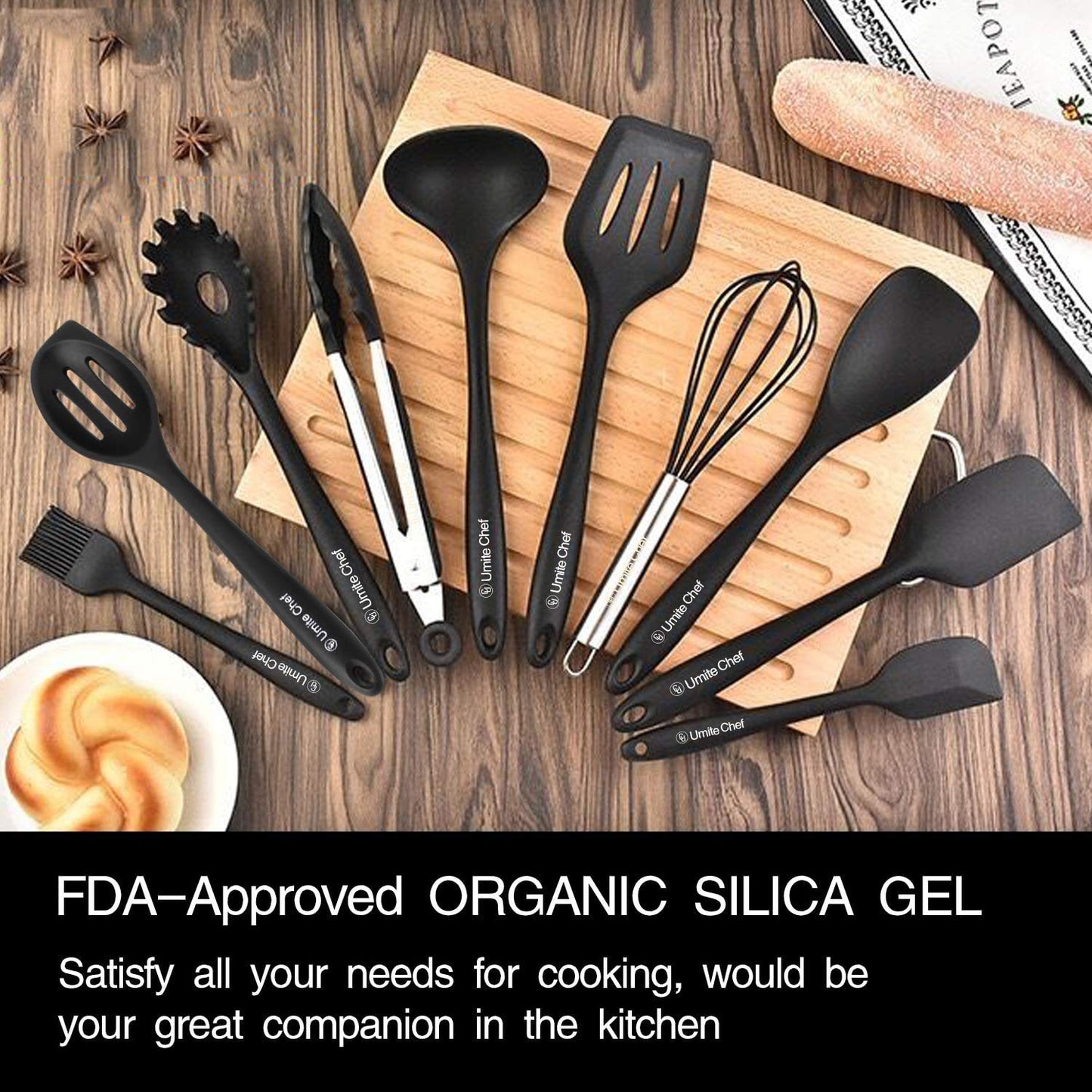 12 PCS Silicone Kitchen Cooking Utensil Set, Heat Resistan BPA-Free Kitchen Utensils, Umite Chef Nonstick Cookware with Spatula, Kitchen Tool Gadget with Holder, Kitchen Tool Gift (Black)