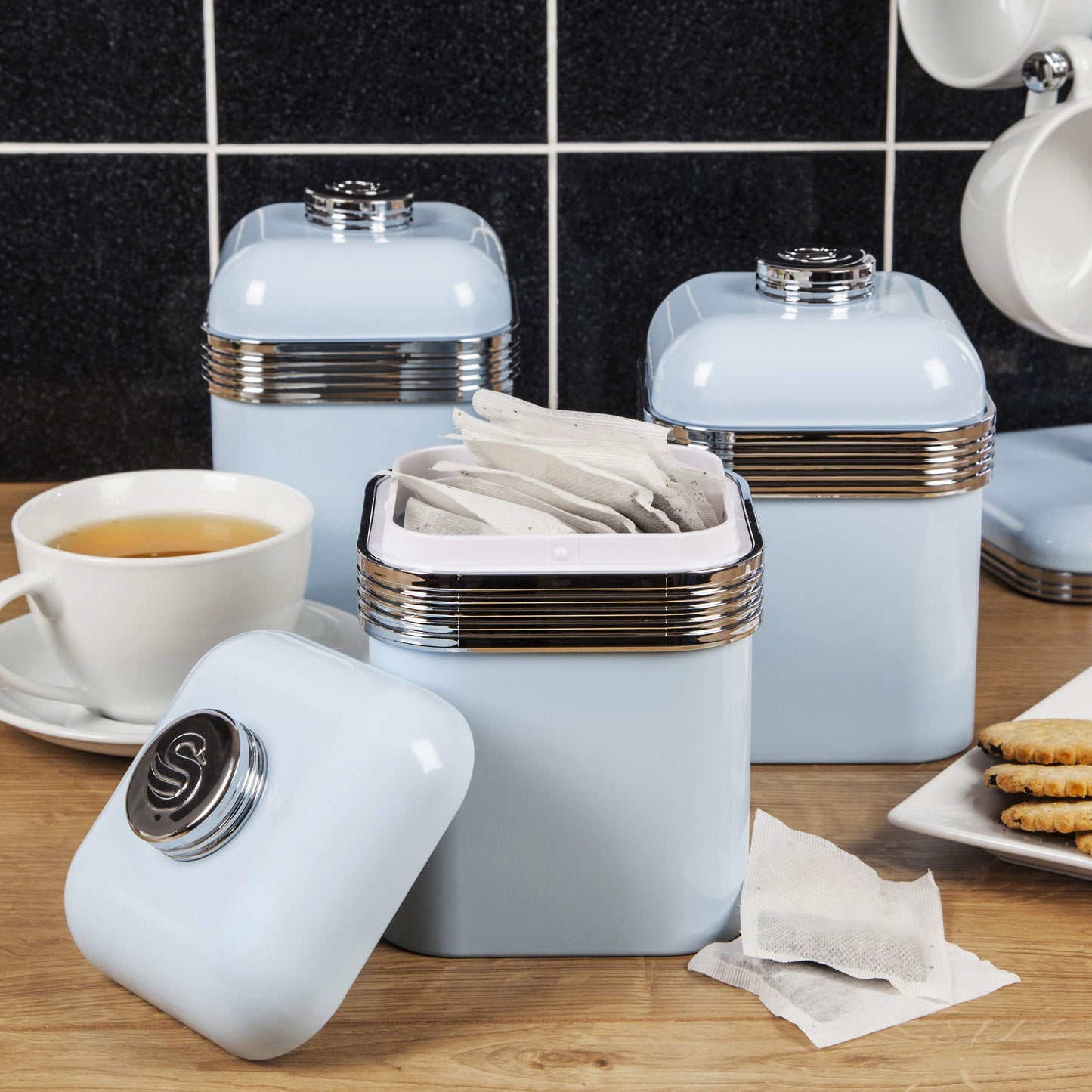 Swan SWKA1020BLN Retro Kitchen Storage Canisters, Set of 3, Iron, 1 Litre, Blue