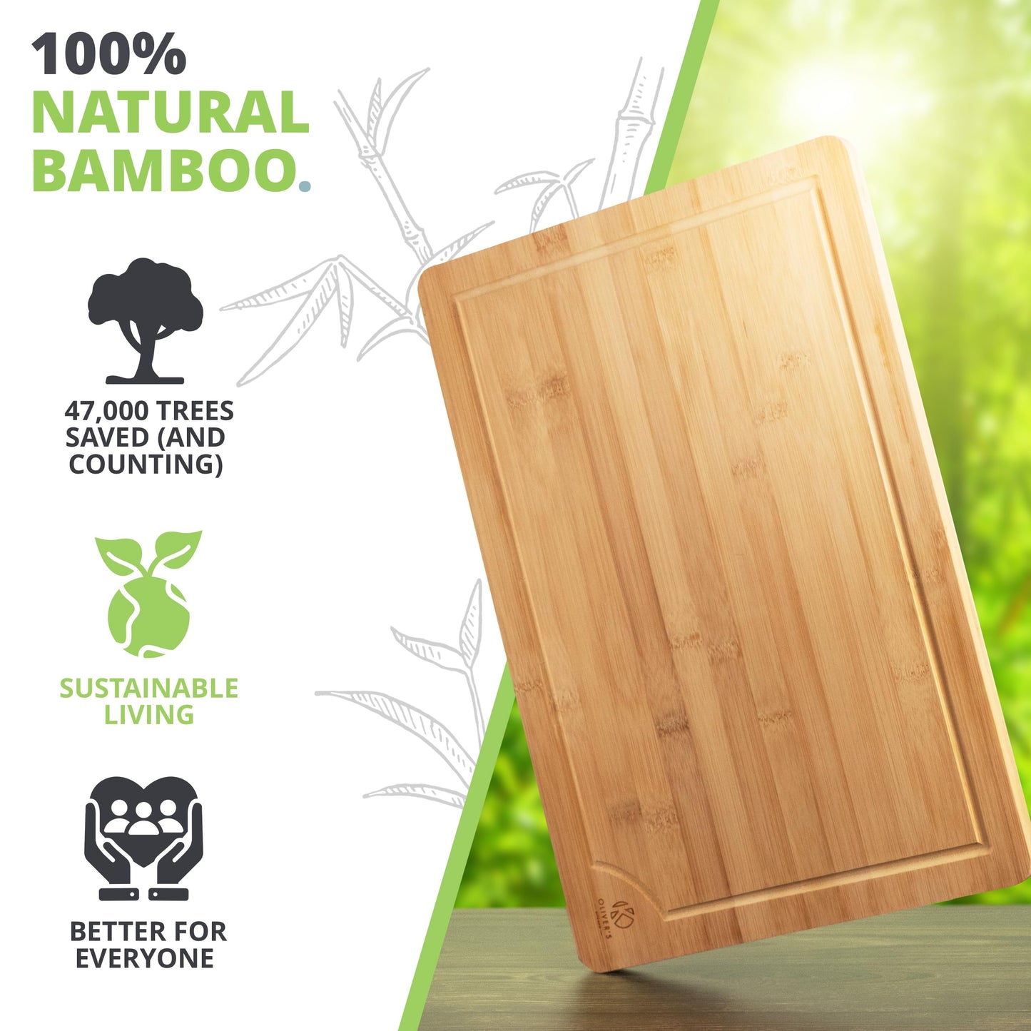 Oliver's Kitchen's Premium 100% Organic Large Bamboo Chopping Board - (45 x 30 x 2 cm) - Reversible Wooden Cutting Board - Strong, Durable & Hard Wearing Serving Board - Easy To Clean with Drip Groove