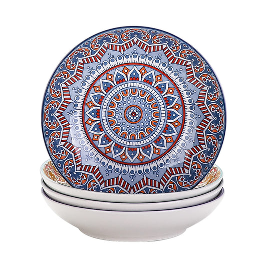 vancasso Mandala Patterned 4 Piece Soup Plates, 8 Inch Multi-Colored Crockery Bohemian Style Porcelain Tableware, Serving for Ice Cream/Snack/Mixing/Soup/Fruit/Noodle Bowl, 700 ml Multicolor