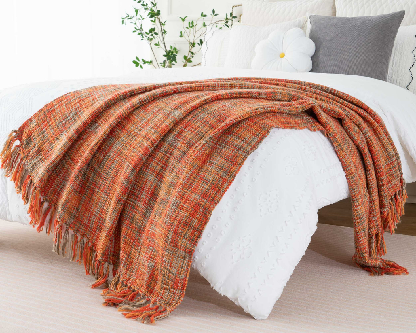 BATTILO HOME Orange Throw Blanket for Sofas Rustic Fall Decorative Bed Throws Boho Knitted Throw Travel Blanket Nap Throw for Armchair Couch and Bed 127x152cm Rust Orange