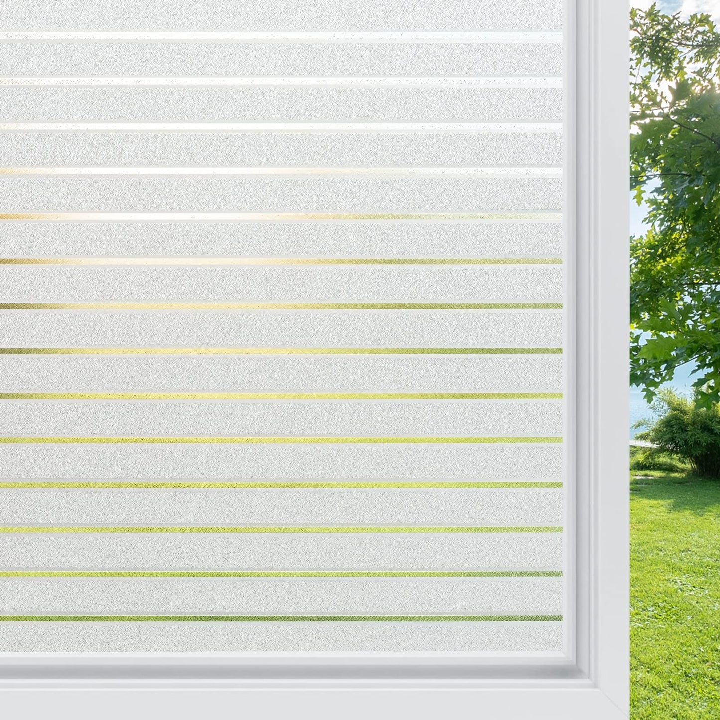 rabbitgoo Window Film Privacy, Frosted Window Film Static Cling 60 x 400 cm, Privacy Film for Glass Windows No Glue Window Sticker Opaque UV Protection White Stripe for Office Living Room Kitchen Pure Stripe