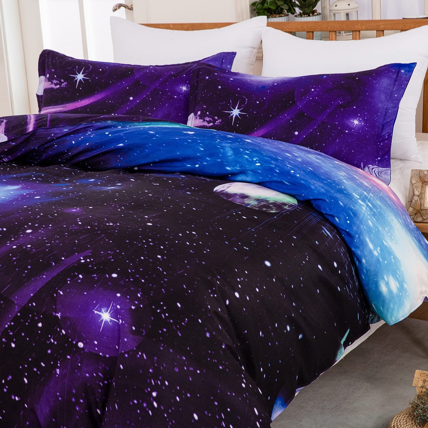 Galaxy Duvet Cover Single Reversible Universe Moon Printed Bedding Set Soft Microfiber Quilt Cover with Zipper Closure for Bedding Decro (2Pcs,135x200cm) Single Size Purple