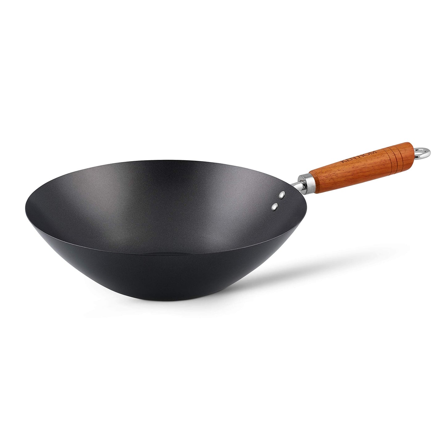 Ken Hom Carbon Steel Wok, 31cm, Classic, Non-Induction/Wooden Handle/Flat Base Pan, Includes 1 x Chinese Wok Pan, KH331001 Classic Wok