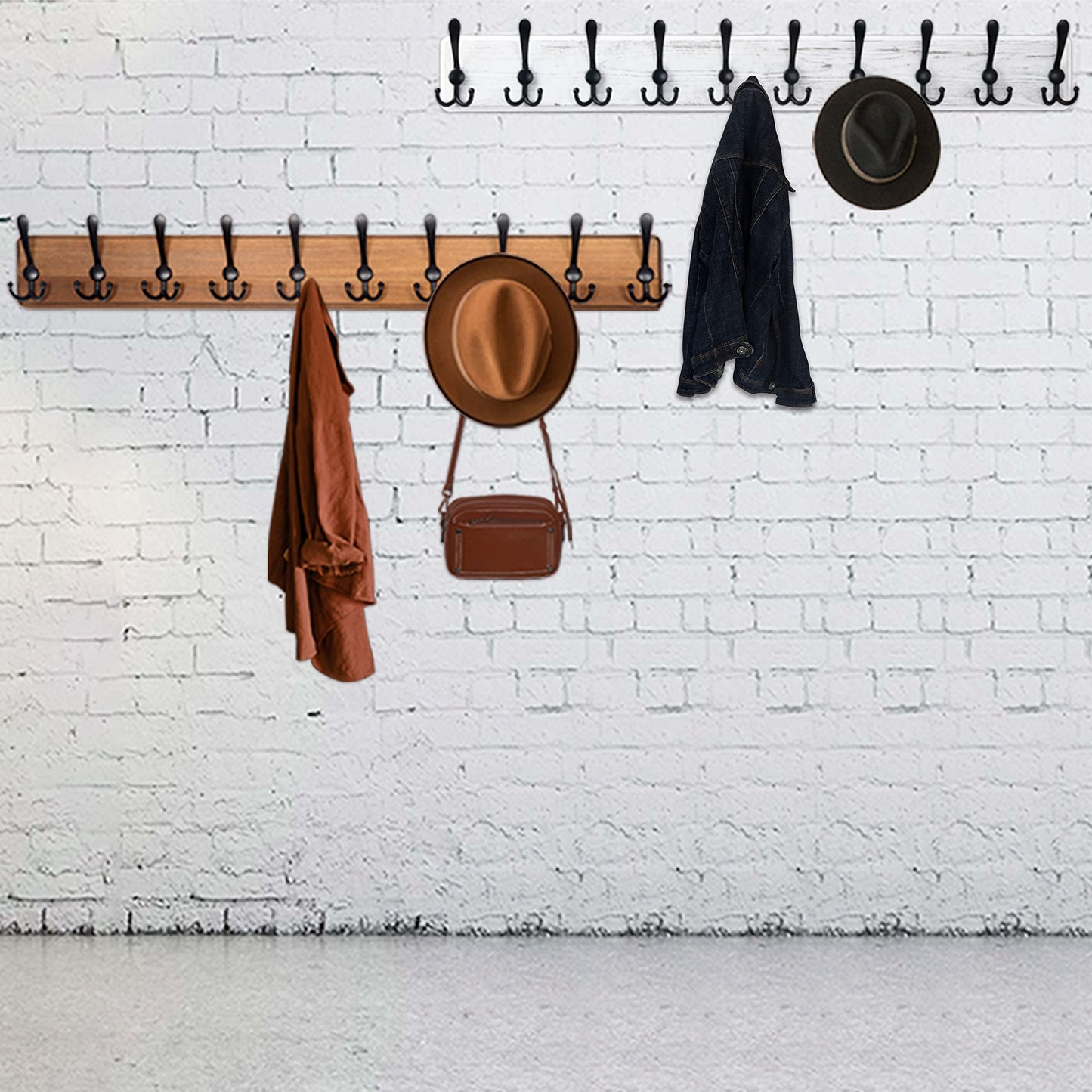 WEBI Coat Rack Wall Mounted,Wood Coat Hooks Wall Mounted,16’’ Hole to Hole,Coat Hanger Wall,Hook Rack Rail,5 Triple Hooks for Hanging Coats,Hats,Jacket,Clothes,Rustic Brown 5 Hooks Natural