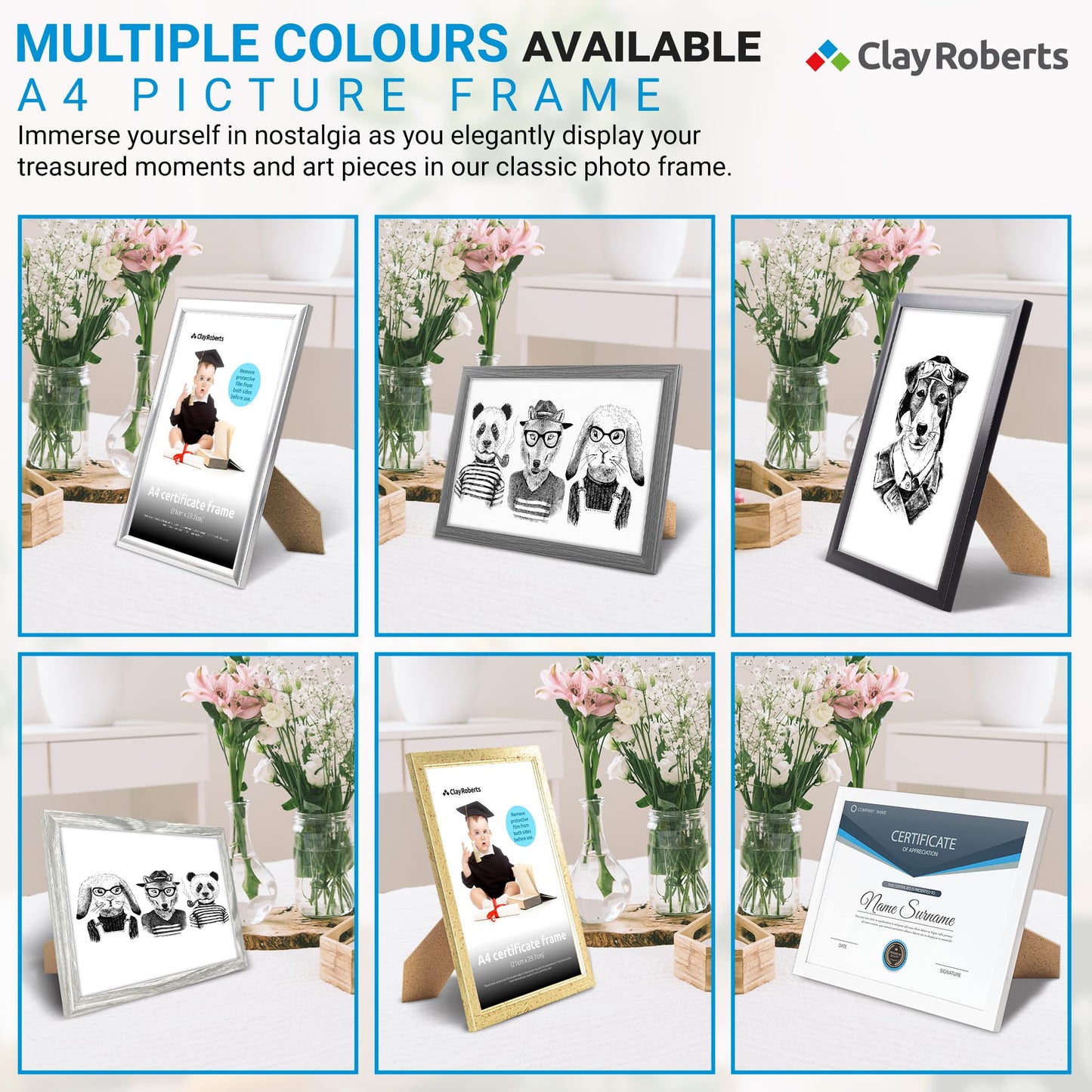 Clay Roberts A4 Frame, Photo Frame, Black A4, Pack of 6, Picture Frame, Certificate Frame, Art Print Poster Frame, Freestanding and Wall Mountable, 21cm x 29.7cm Picture Frame Set Black 6 Pack