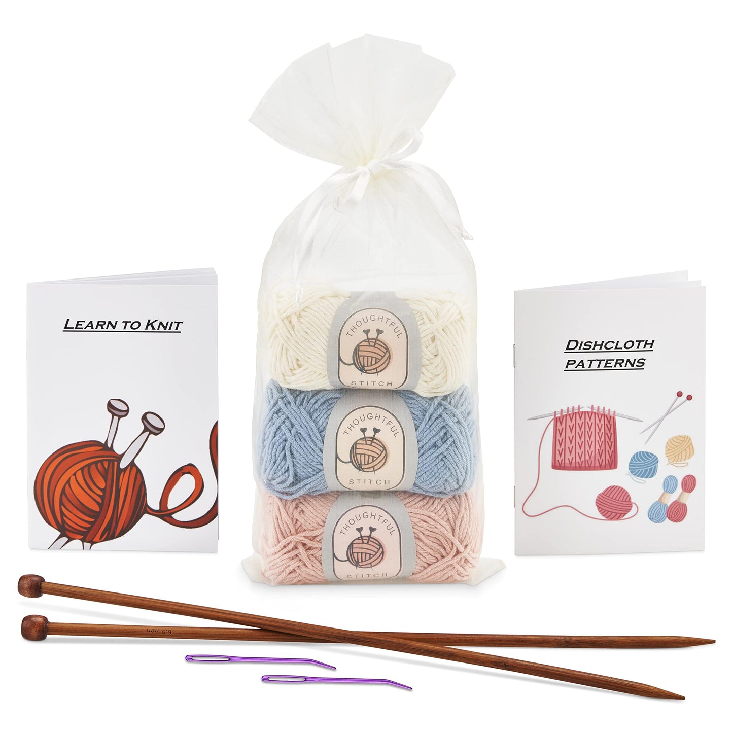 Thoughtful Stitch Knitting Kits for Beginners Adults – Knitting Needle Set - Make Your Own Dishcloth – Craft Kits for Adults – Includes Bamboo Knitting Needles and Yarn Needle – Fantastic Gift