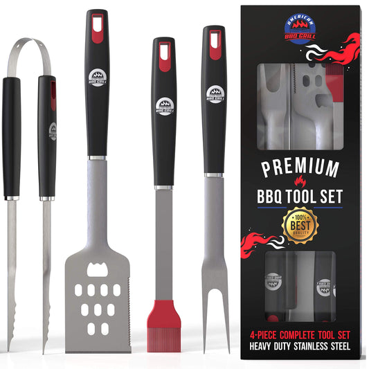 BBQ Tools Sets - Premium Barbecue Utensils - 4 Piece Grill Kit: Spatula, Tongs, Fork and Basting Brush - Best Heavy Duty Stainless Steel Case BBQ Accessories for Him - 10 Year Warranty Set B