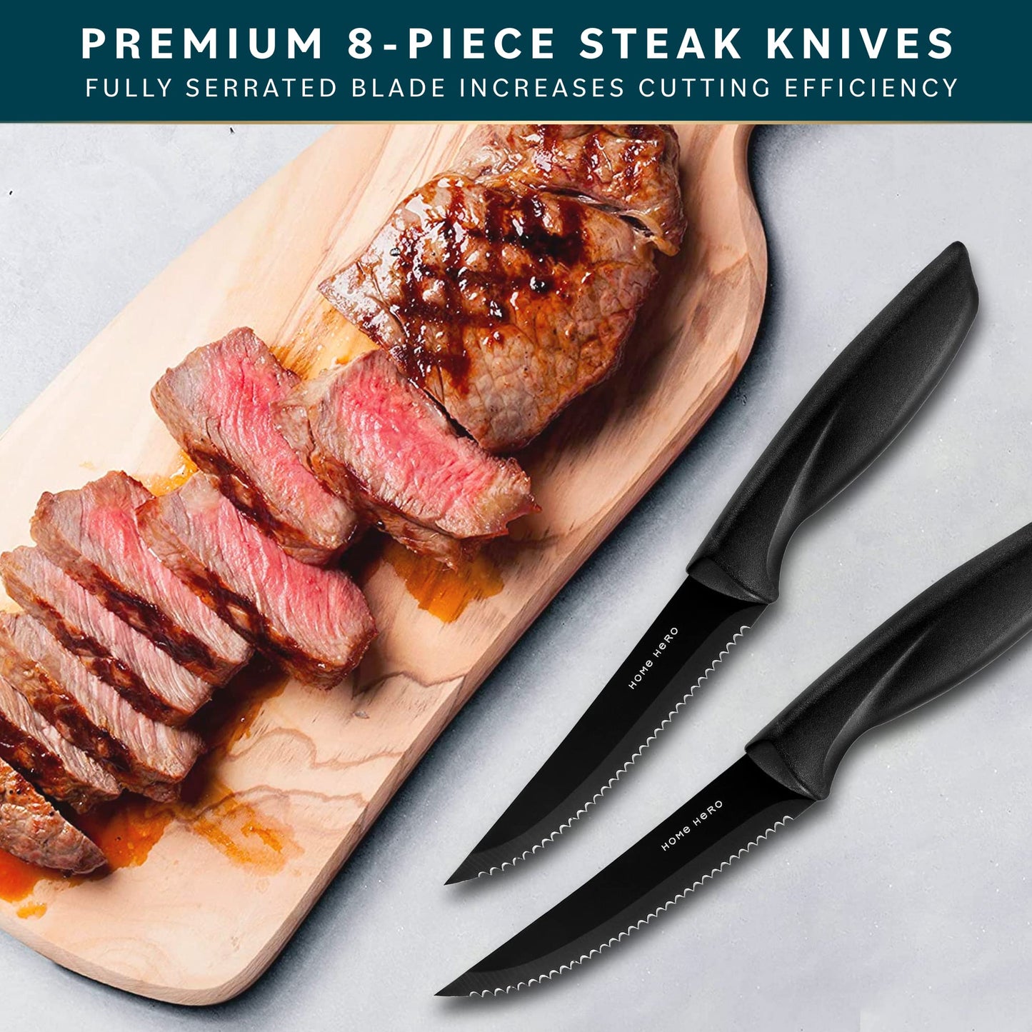 Home Hero Steak Knives Set of 8 with Serrated Edge - Dishwasher Safe Stainless Steel Steak Knives - Black 8 pcs Steak Knives Set - Black