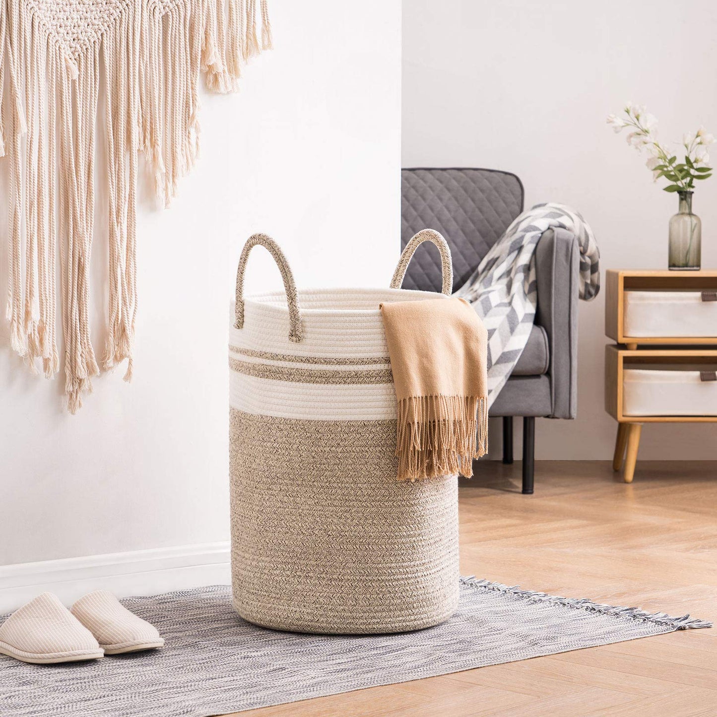 YOUDENOVA Cotton Rope Basket Large Blanket Basket Woven Storage Basket Toy Storage Organiser Nursery Decor Laundry Hamper with Handle 58L (38cm(D) x50cm(H), Z-brown) 38cm(D)x50cm(H)