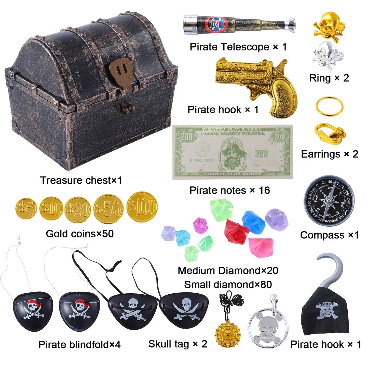 Ulikey Golden Pirate Treasure Chest Box Toy with 50 Pcs Pirate Gold Coins and 100 Pcs Pirate Gems Jewelry Diamond for Pirate Theme Play Favor Party Supplies