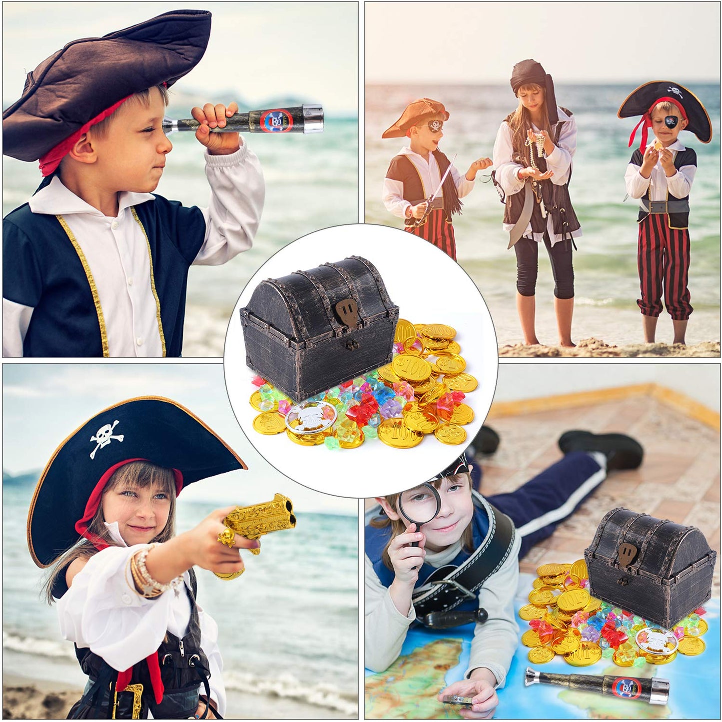 Ulikey Golden Pirate Treasure Chest Box Toy with 50 Pcs Pirate Gold Coins and 100 Pcs Pirate Gems Jewelry Diamond for Pirate Theme Play Favor Party Supplies