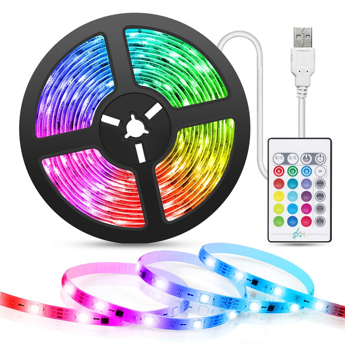 Tasmor 5M USB Powered LED Light Strip, RGB LED Strip Light with Remote, Music Sync, 4 Dynami Modes 16 Colors Dimmable, TV LED Backlight for Bedroom, Party, Kitchen, PC